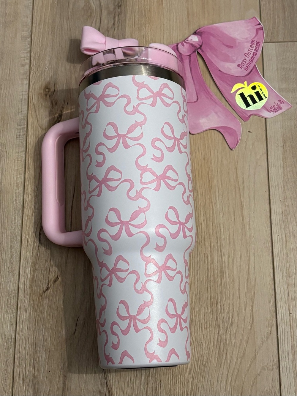 Hi-Design Pink Bow Pattern Insulated Travel Tumbler with Handle